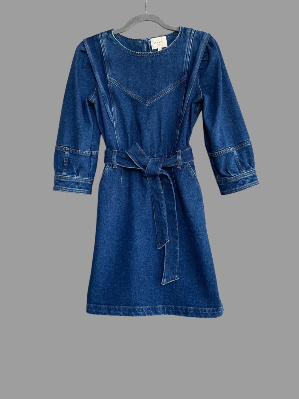 SEZANE Blue Denim Tie Waist Belted Puff Sleeve Button Back Haneia Mini Dress - Picture 3 of 15